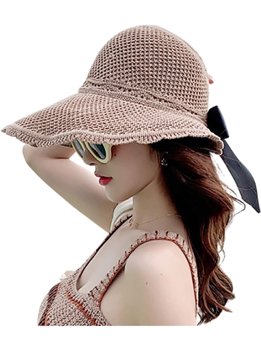 Wide Brim Crochet Sun Hat with Black Ribbon - Pink Beige
